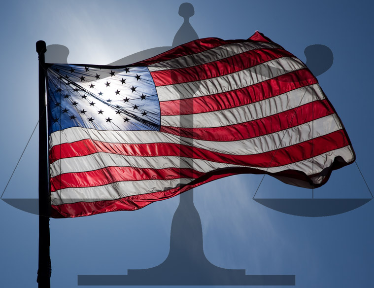 USA Flag and Balance Scales of Justice